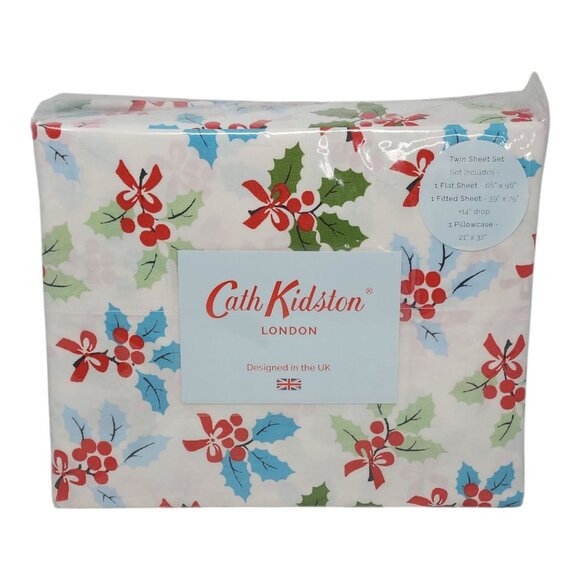 CATH KIDSTON LONDON Christmas Holly Multi Twin Sheets Set 100% Cotton Percale - Picture 7 of 7